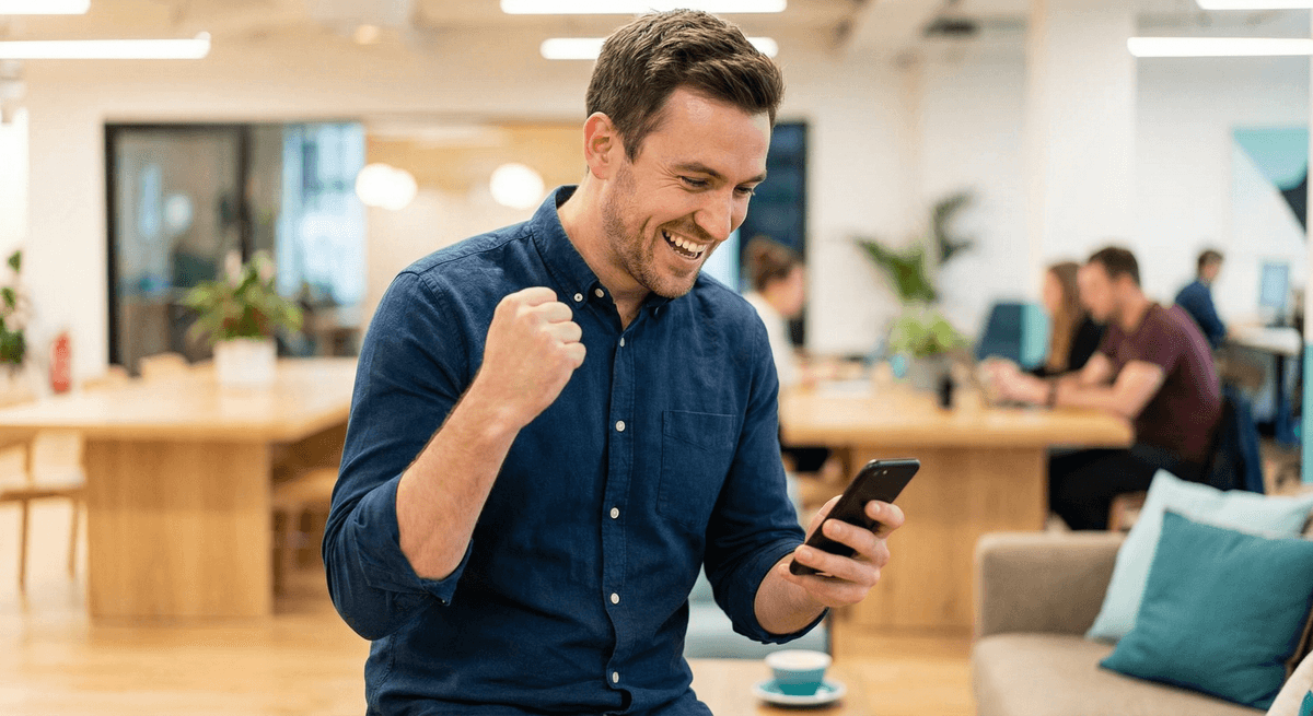 Professional celebrating a job offer